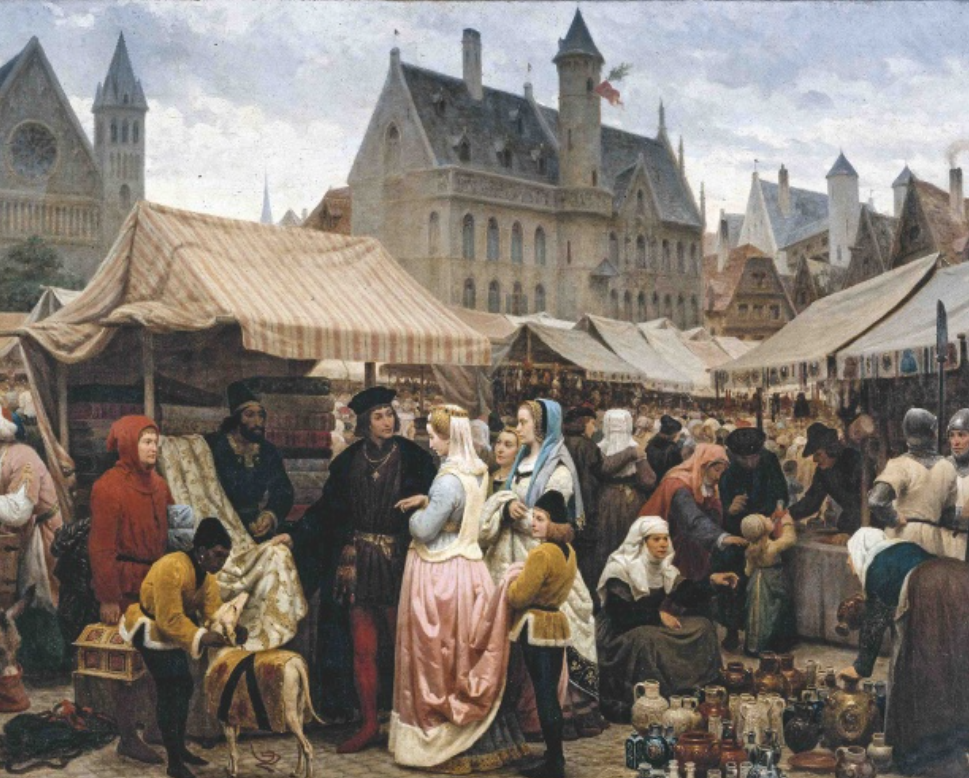 mercado medieval con comerciantes y campesinos
